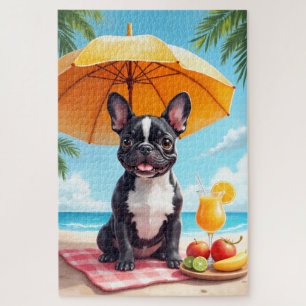Französische Bulldogge Strandentspannungsszene