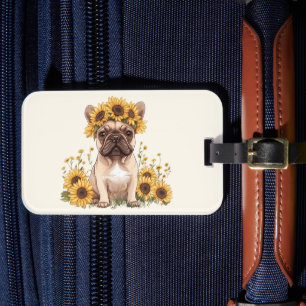 Französische Bulldogge umgeben von Sonnenblumen Gepäckanhänger