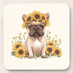 Französische Bulldogge umgeben von Sonnenblumen Getränkeuntersetzer