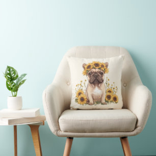 Französische Bulldogge umgeben von Sonnenblumen Kissen