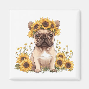 Französische Bulldogge umgeben von Sonnenblumen Magnet