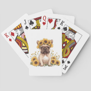 Französische Bulldogge umgeben von Sonnenblumen Spielkarten