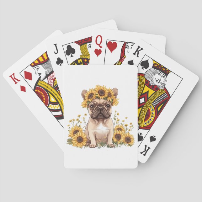 Französische Bulldogge umgeben von Sonnenblumen Spielkarten (Rückseite)
