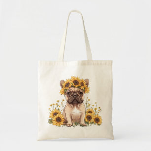 Französische Bulldogge umgeben von Sonnenblumen Tragetasche