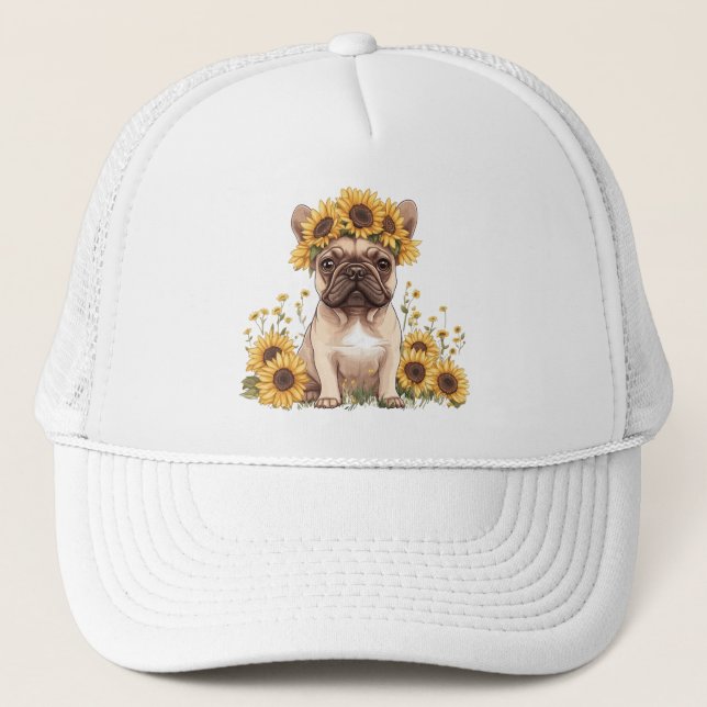 Französische Bulldogge umgeben von Sonnenblumen Truckerkappe (Vorderseite)