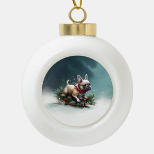 Französische Bulldogge Weihnachten Schnee Winter Keramik Kugel-Ornament