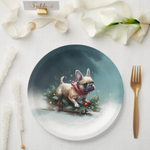 Französische Bulldogge Weihnachten Schnee Winter Pappteller