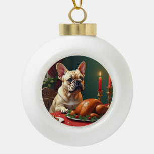 Französische Bulldogge Weihnachtsabend Festmahl Ma Keramik Kugel-Ornament