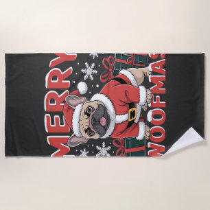 Französische Bulldogge Weihnachtsmann Hut Frohe We Strandtuch