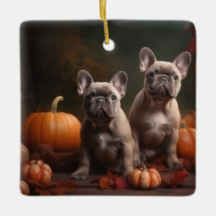 Französische Bulldogge Welpe Herbstfreude Kürbis Keramikornament
