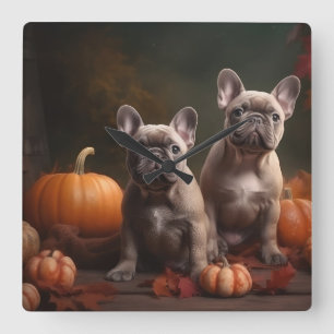 Französische Bulldogge Welpe Herbstfreude Kürbis Quadratische Wanduhr