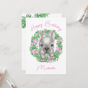 Französische Bulldogge-Welpe mit Blumenkranz Einladung