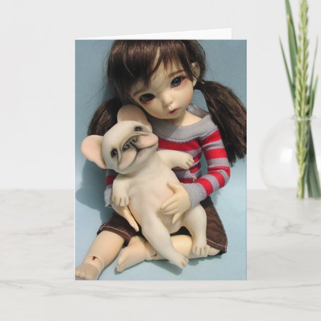 Französische Bulldoggen-Baby - Puppe Skulptur 2 Karte (Vorderseite)