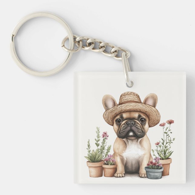Französische Bulldoggen Gartenmöbel für Blume Schlüsselanhänger (Vorderseite)