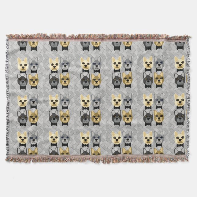 Französische Bulldoggen Herringbone Grau Decke (Vorderseite)
