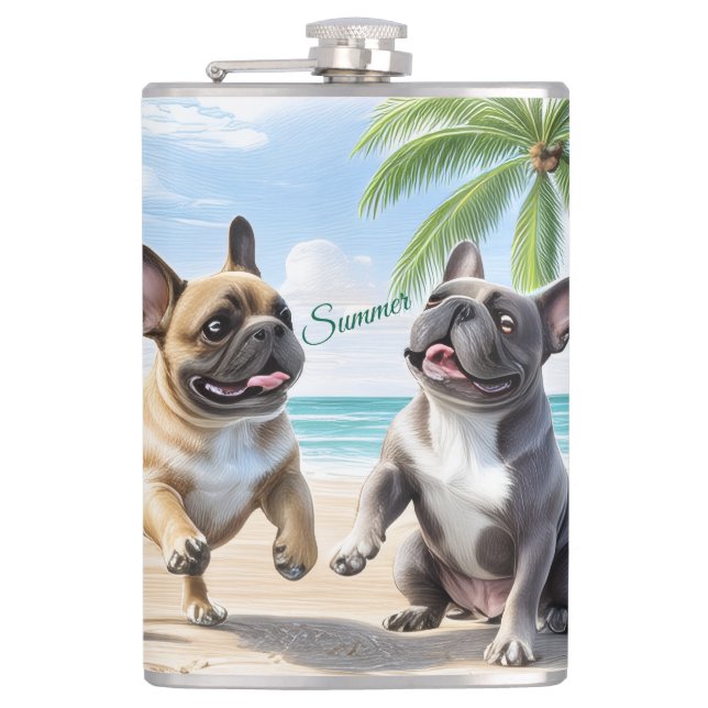 Französische Bulldoggen Strand French Bulldog Flachmann (Vorderseite)