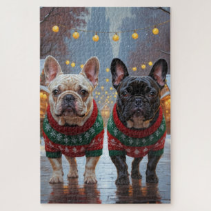 Französische Bulldoggen Weihnachten Schnee Urlaub