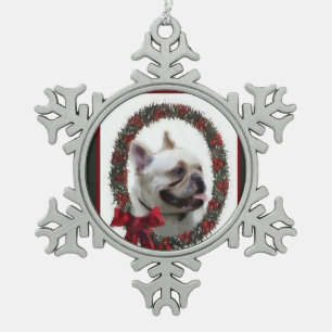 Französische Bulldoggen-Weihnachten Schneeflocken Zinn-Ornament