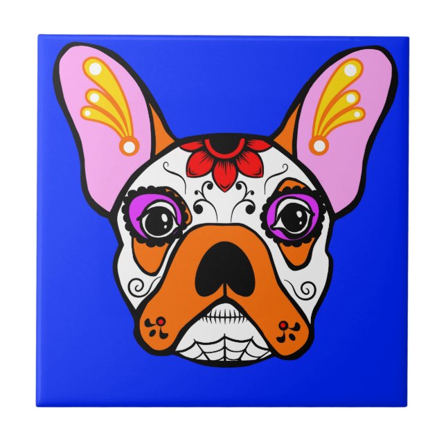 Französische Bulldoggen-Zuckerschädel Fliese (Vorderseite)