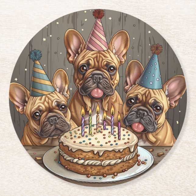Französische Bulldogs Party Hats Runder Pappuntersetzer (Vorderseite)