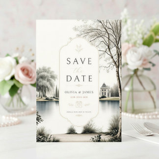 Französische Château-Geheimgarten-Hochzeit Save The Date