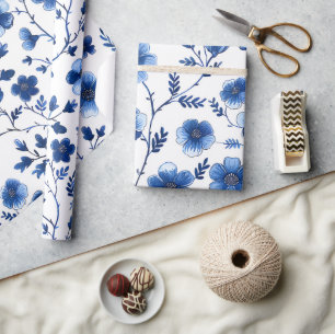 Französische Cottagecore Blaue Blumengewebe Geschenkpapier