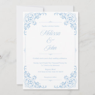 Französische Country-Blau-Filigran-Hochzeitseinlad Einladung