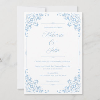 Französische Country-Blau-Filigran-Hochzeitseinlad Einladung