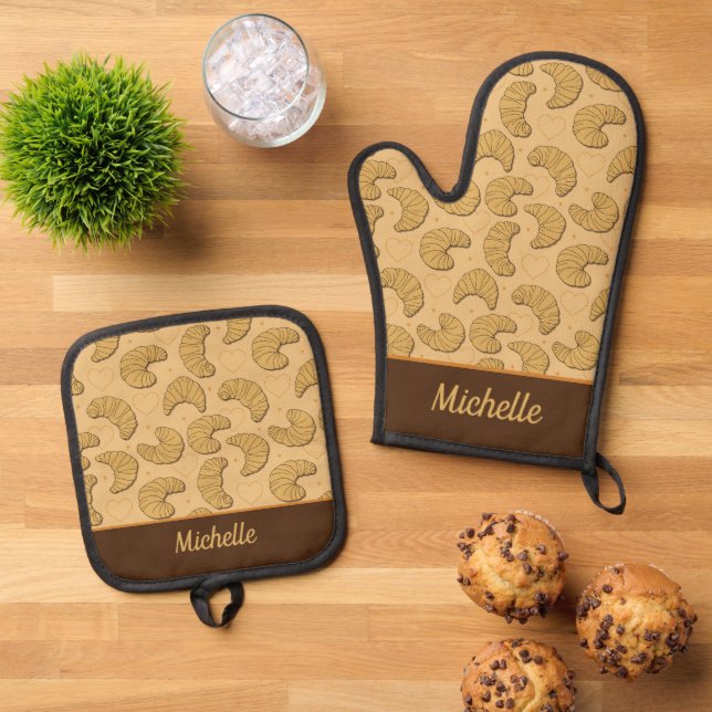 Französische Croissants Gemusterter Individuelle N Ofenhandschuh & Topflappen-Set (Oben Unten)