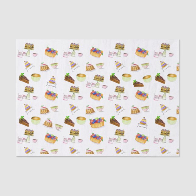 Französische Desserts in Aquarellfarben mit Kaffee Seidenpapier (Vorderseite)