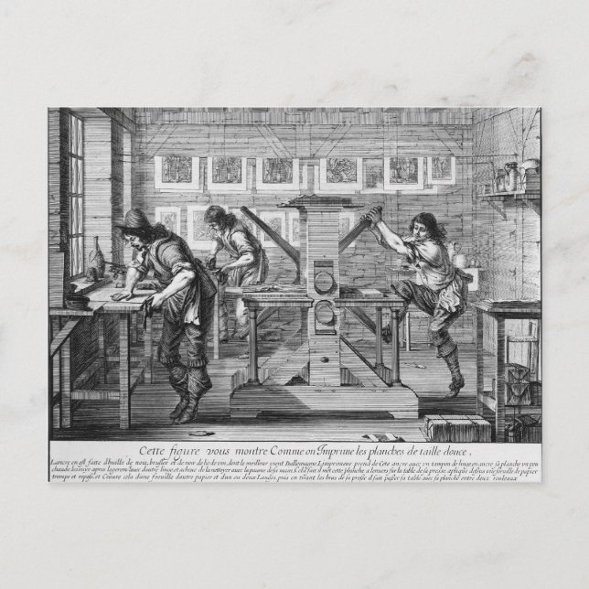 Französische Druckerpresse, 1642 Postkarte (Vorderseite)