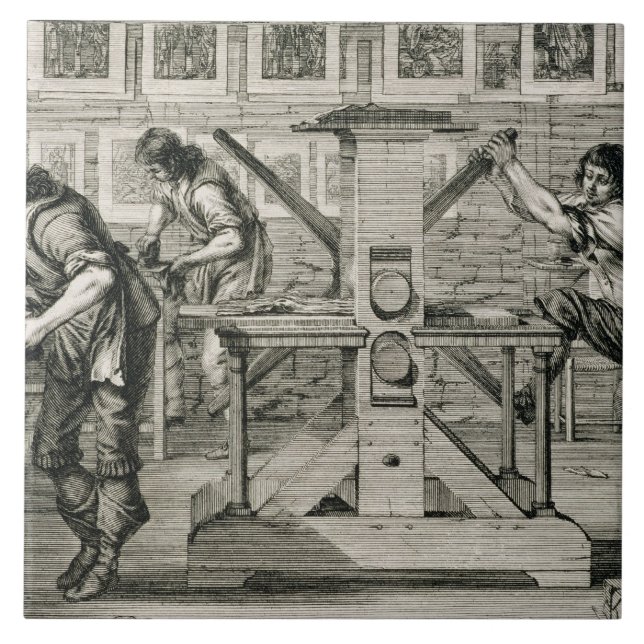 Französische Druckmaschine, 1642 (Stich) Fliese (Vorderseite)