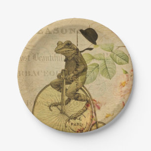 Französische Ephemera Frog Riding Bicycle Rose  Pappteller