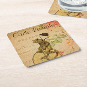 Französische Ephemera Frog Riding Bicycle Rose Rechteckiger Pappuntersetzer