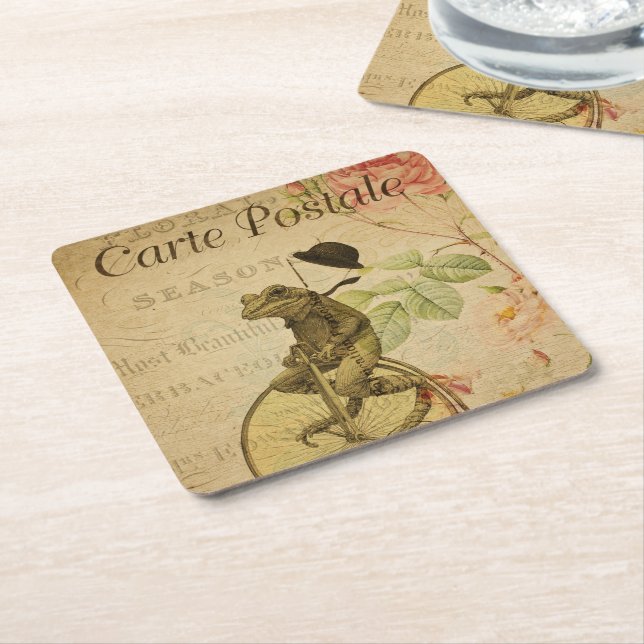 Französische Ephemera Frog Riding Bicycle Rose Rechteckiger Pappuntersetzer (angewinkelt)