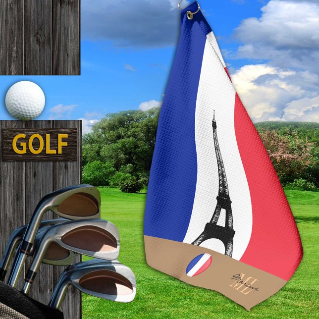 Französische Flagge & Eiffel, Frankreich mit Monog Golfhandtuch (Von Creator hochgeladen)