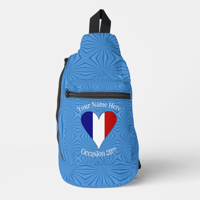 Französische Flagge Herz-Blau Hintergrund Personal Crossbody Bag (Vorderseite)