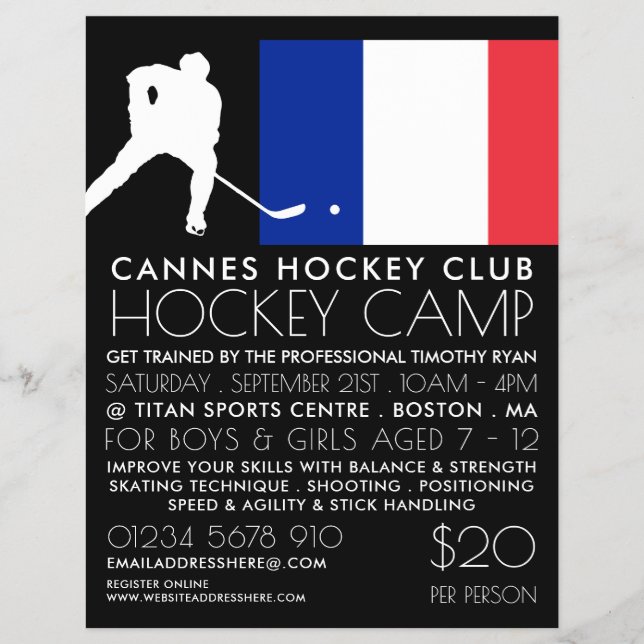Französische Flagge, Hockey-Spieler, Camp-Werbe-Fl Flyer (Vorne)