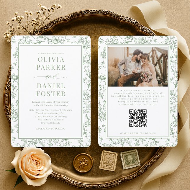 Französische Florale Salbeigrüne QR-Code-Hochzeit Einladung (Von Creator hochgeladen)