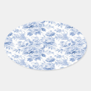 Französische florale Toile-Blau Ovaler Aufkleber