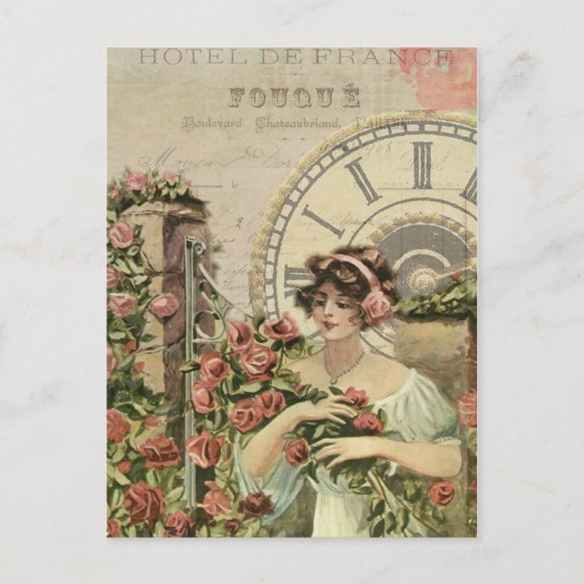 Französische Girl-Rose Vintage Postkarte (Vorderseite)