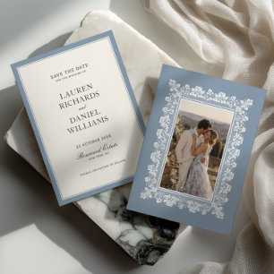 Französische Hochzeit mit blauer Spitzenrahmung Save The Date