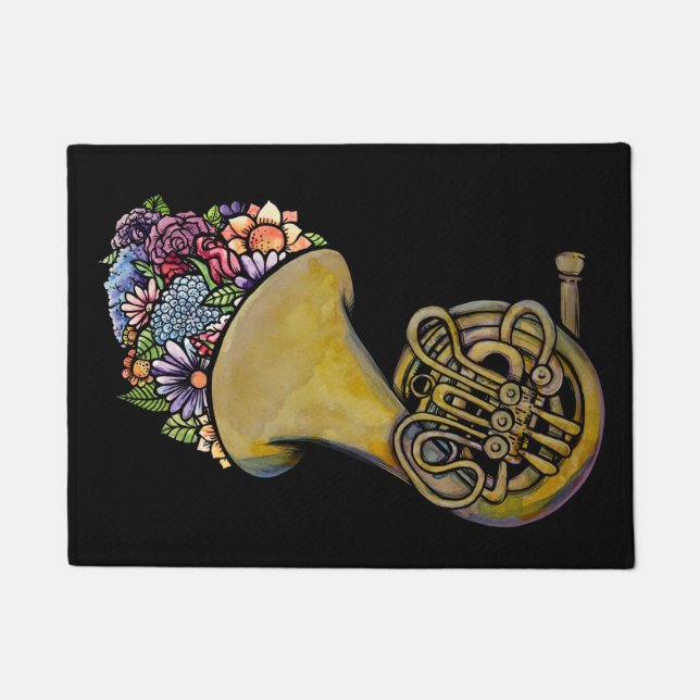 Französische Horn Band Musik Florale Kunst Fußmatte (Vorderseite)