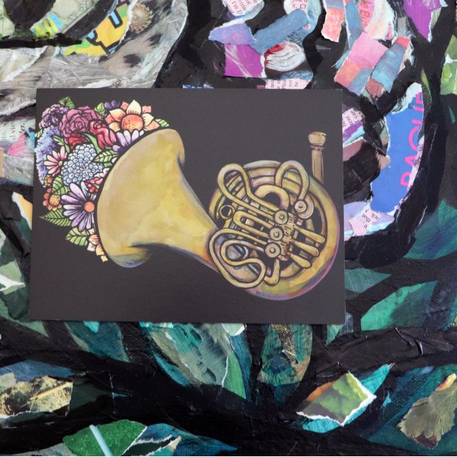 Französische Horn Band Musik Florale Kunst Postkarte (Von Creator hochgeladen)