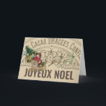 Französische Joyeux Weihnachten Weihnachtskarte<br><div class="desc">Vintager Weihnachtsmann in seinem Schlitten, der von seinen Rentieren mit einer Tüte voller Spielzeuge und einem Baum für Heiligabend gegen eine Vintage Typografie-Werbung für französische Schokolade gezogen wird. Der Text auf der Vorderseite lautet "Joyeux Weihnachten", das in "Frohe Weihnachten" übersetzt wird. In der Karte ist Platz für Ihre Nachricht. Auf...</div>