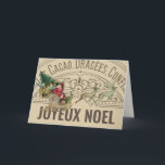 Französische Joyeux Weihnachten Weihnachtskarte<br><div class="desc">Vintager Weihnachtsmann in seinem Schlitten, der von seinen Rentieren mit einer Tüte voller Spielzeuge und einem Baum für Heiligabend gegen eine Vintage Typografie-Werbung für französische Schokolade gezogen wird. Der Text auf der Vorderseite lautet "Joyeux Weihnachten", das in "Frohe Weihnachten" übersetzt wird. In der Karte ist Platz für Ihre Nachricht. Auf...</div>