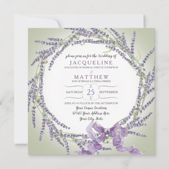 Französische Lavendel-Blume Wreath Typografie Einladung (Vorderseite)