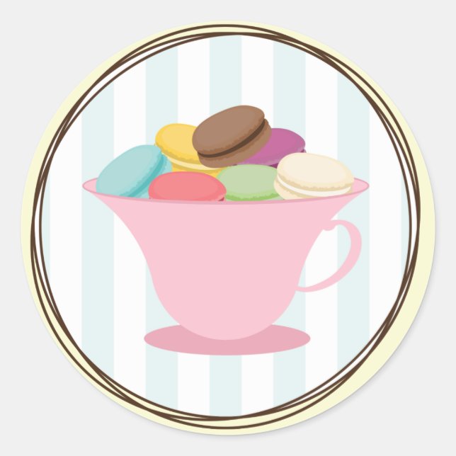 Französische Macarons in rosa Teecup-Aufkleber Runder Aufkleber (Vorderseite)