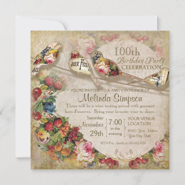 Französische Markt Moderne Vintage Vögel Geburtsta Einladung (Vorderseite)