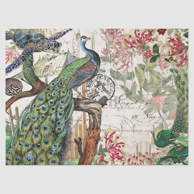 Französische Pfau-Vogel-Schildkröteblowfish-Blumen Seidenpapier (Vorderseite)